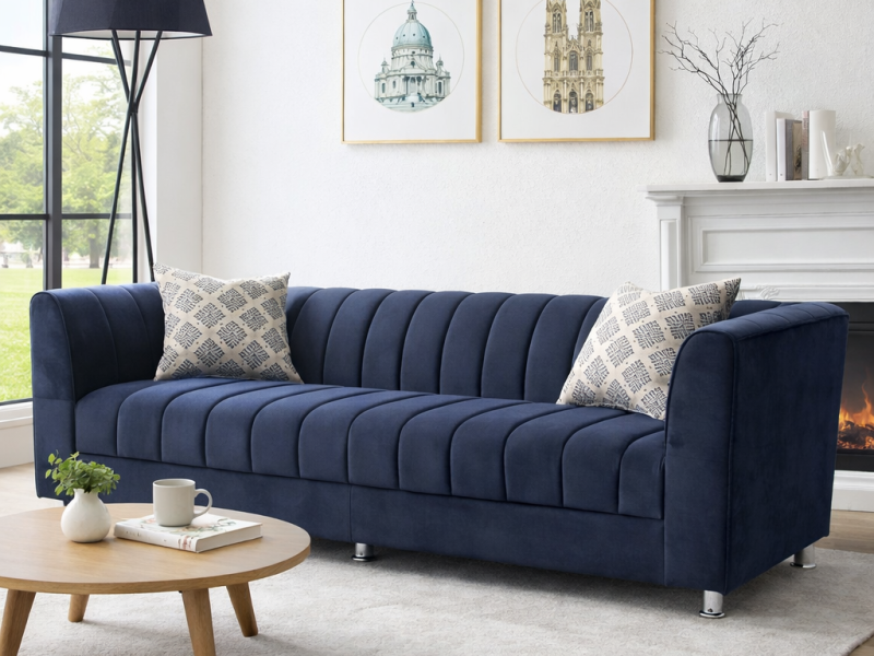 Navy Channel-Tufted Sofa