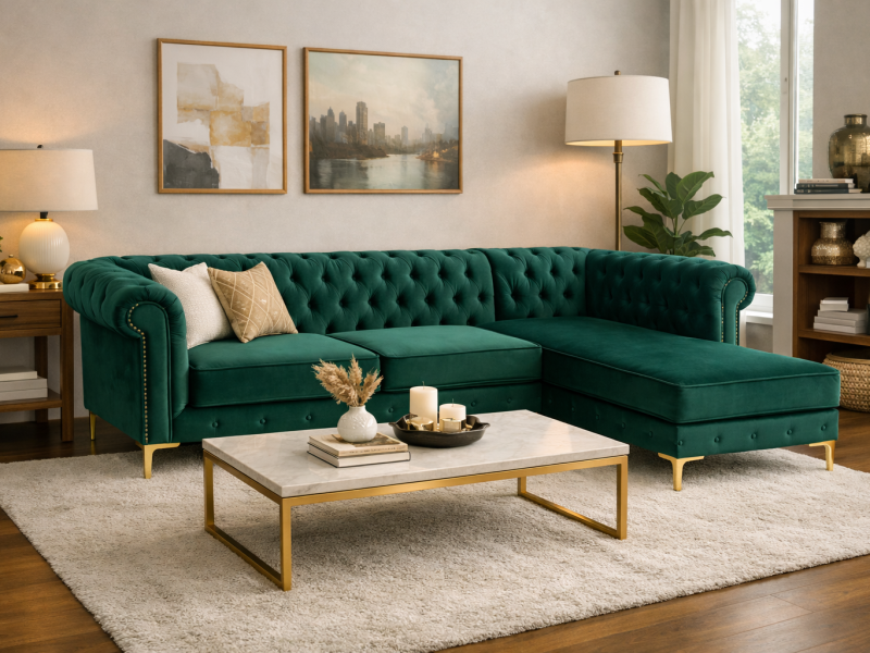 Green Chesterfield Sectional Couch